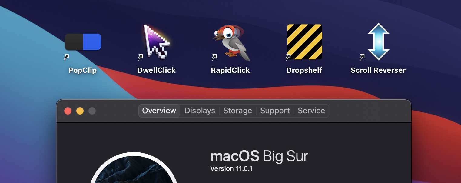 Screen shot of macOS Big Sur with Pilotmoon Software app icons